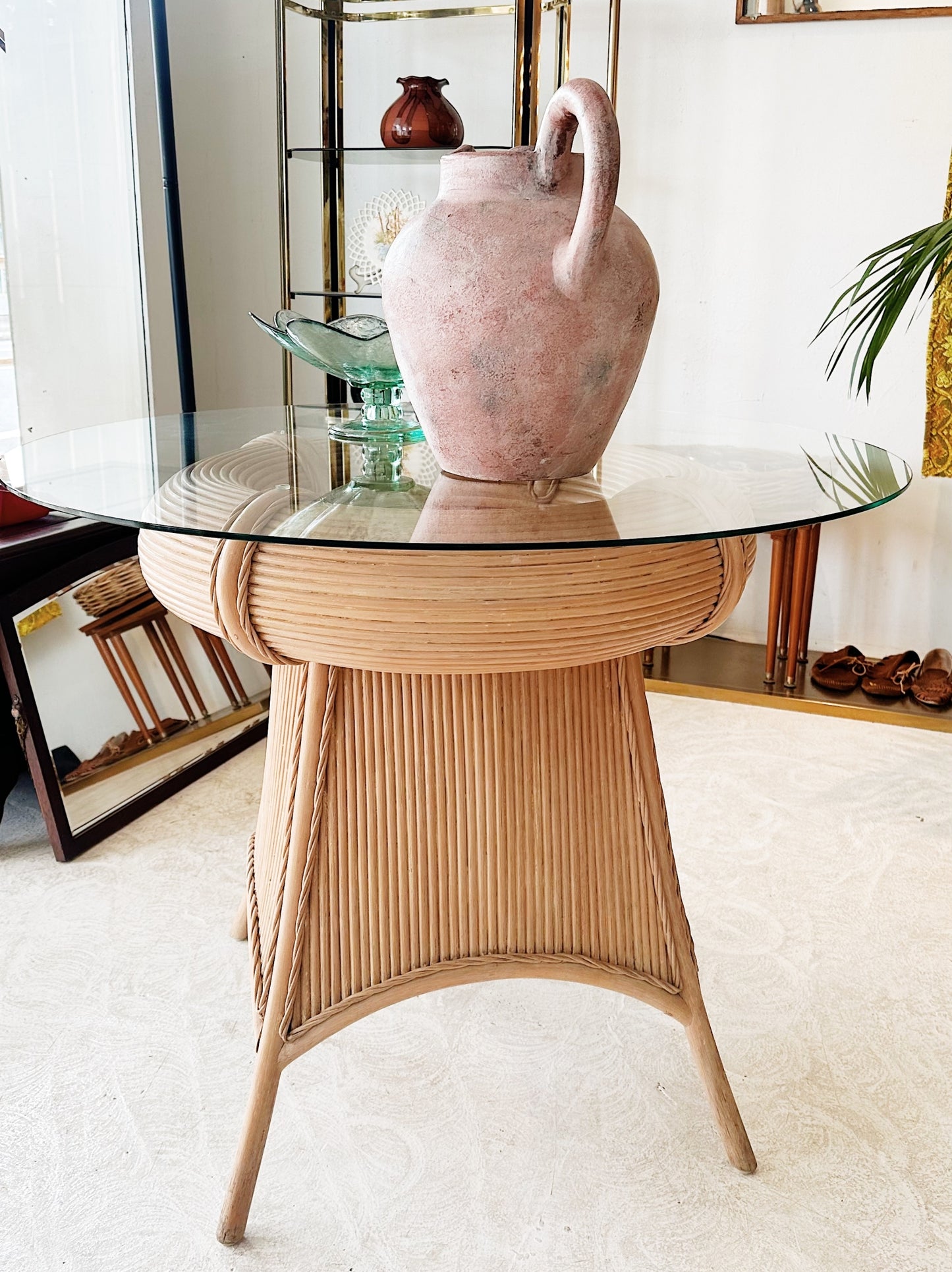 90s Vintage Pencil Reed Rattan Dining / Occassional Table