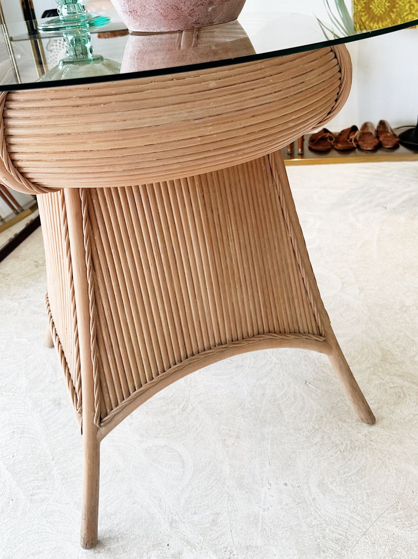90s Vintage Pencil Reed Rattan Dining / Occassional Table