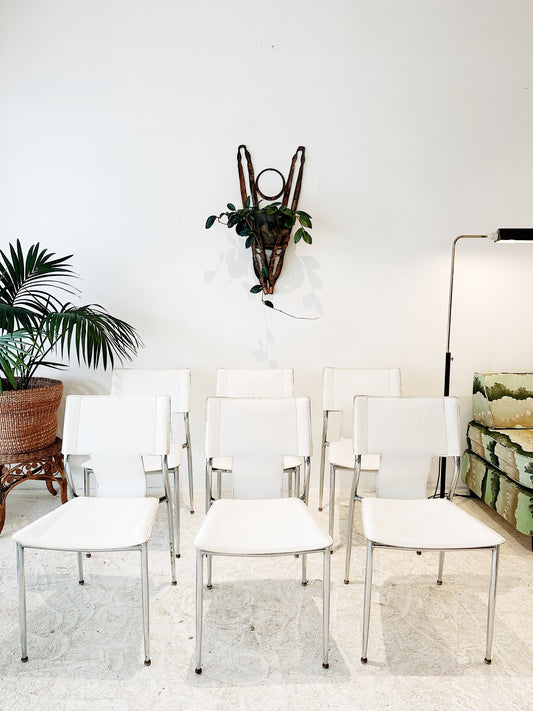 90s White Leather & Chrome Dining Chairs (Set of 6)