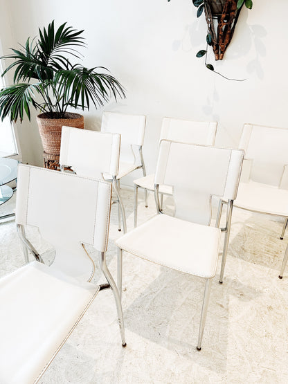 90s White Leather & Chrome Dining Chairs (Set of 6)