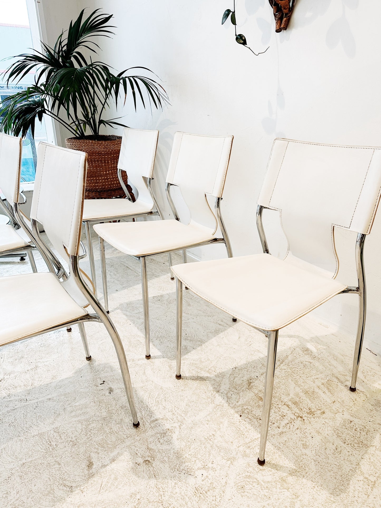 90s White Leather & Chrome Dining Chairs (Set of 6)