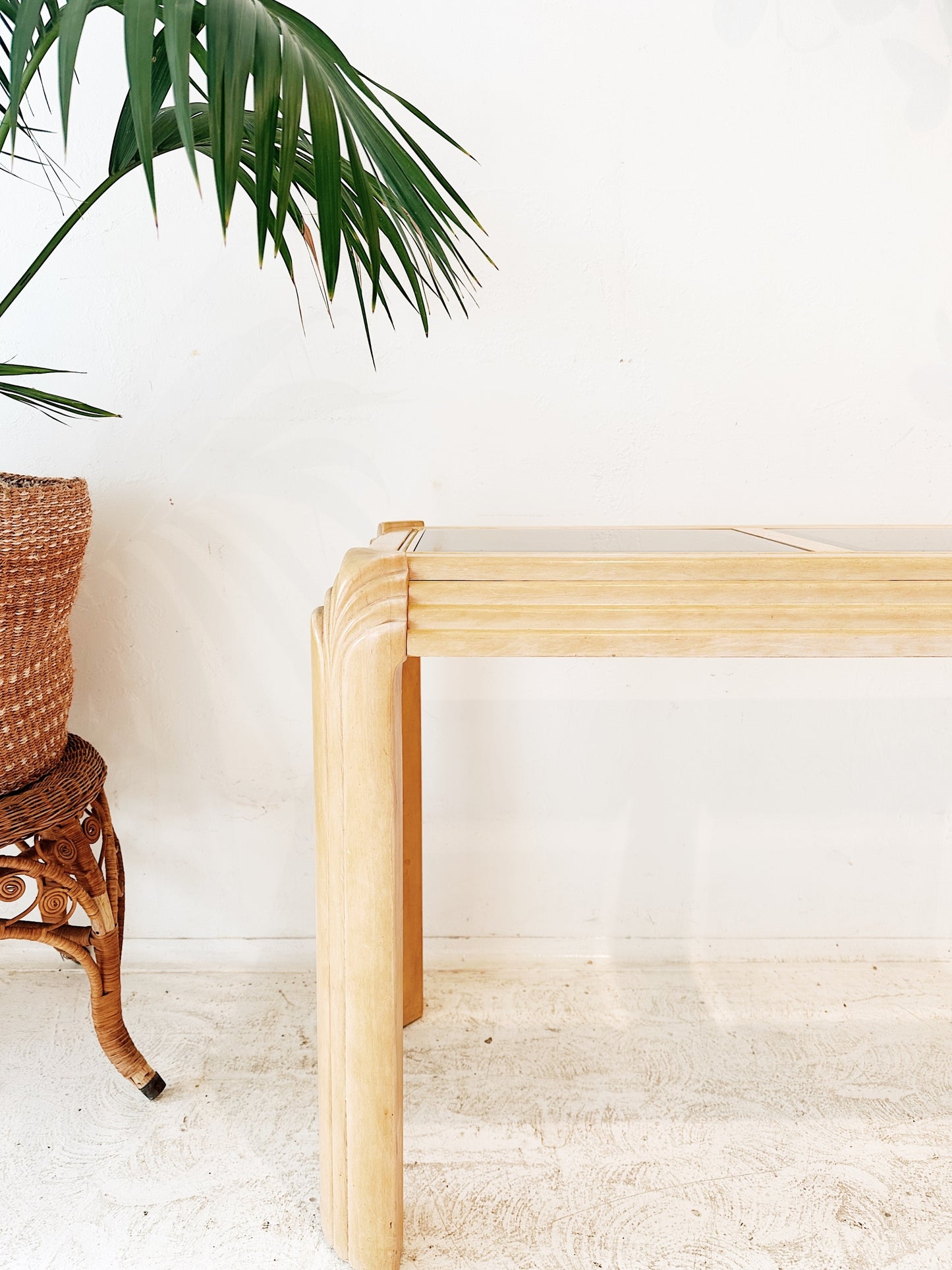 80s Vintage Oak Art Deco Revival Console Table