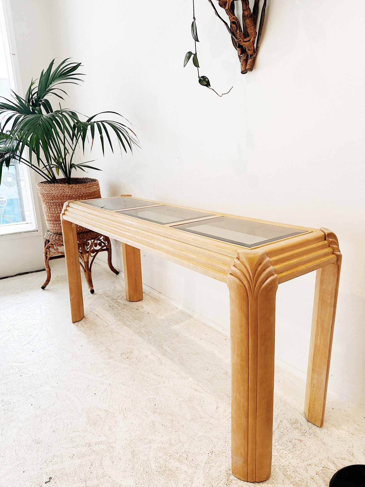 80s Vintage Oak Art Deco Revival Console Table