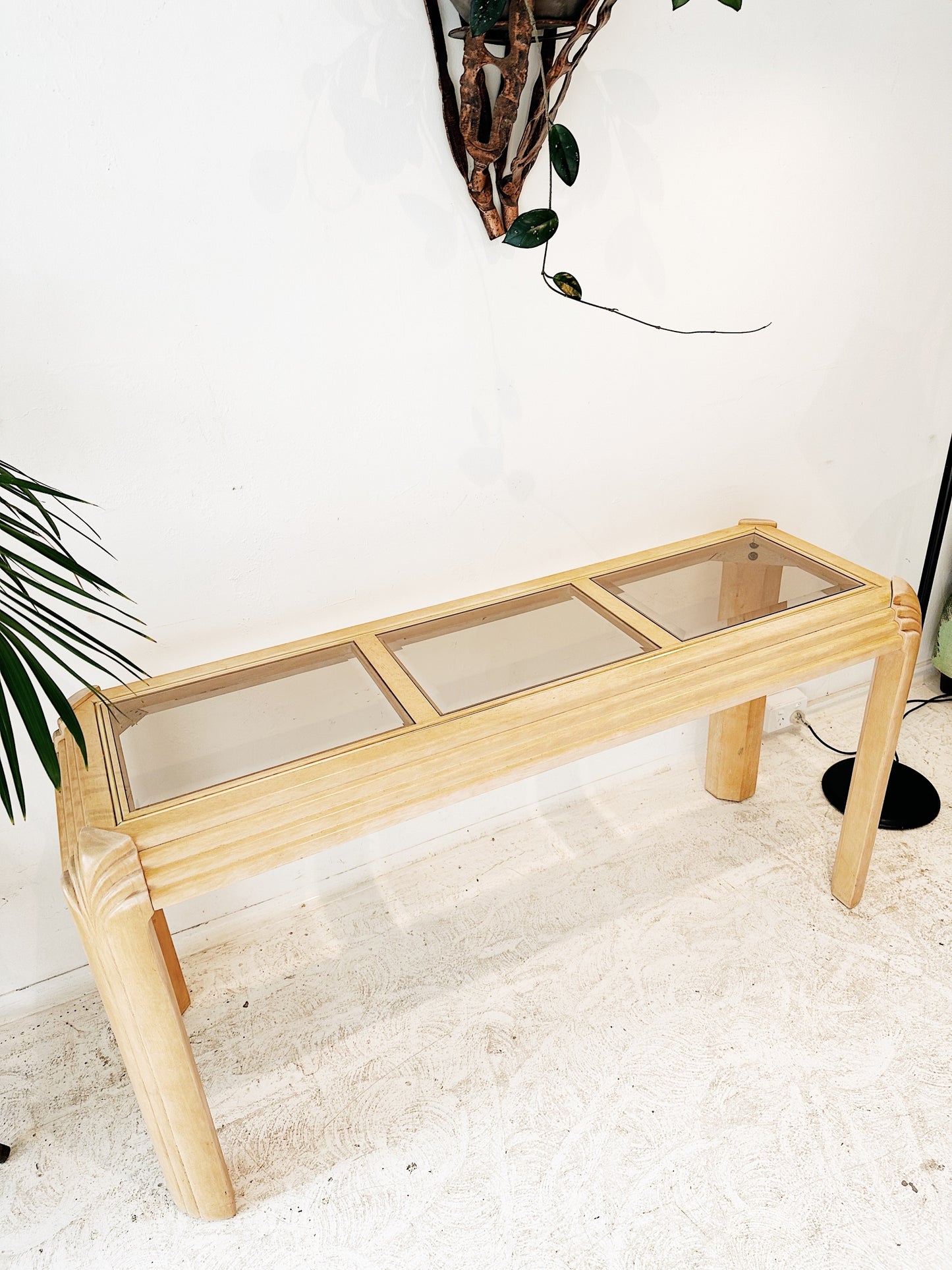 80s Vintage Oak Art Deco Revival Console Table