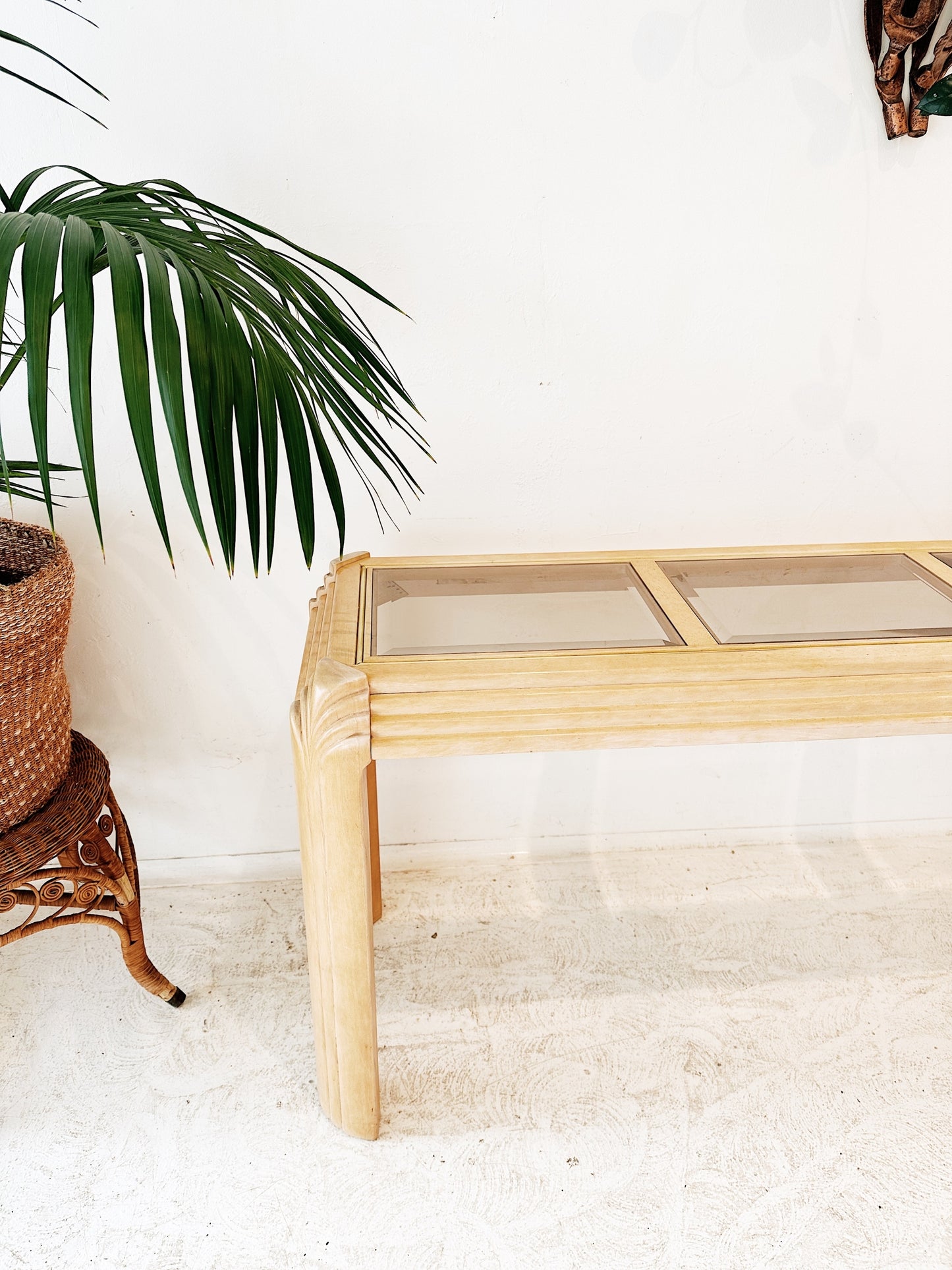 80s Vintage Oak Art Deco Revival Console Table