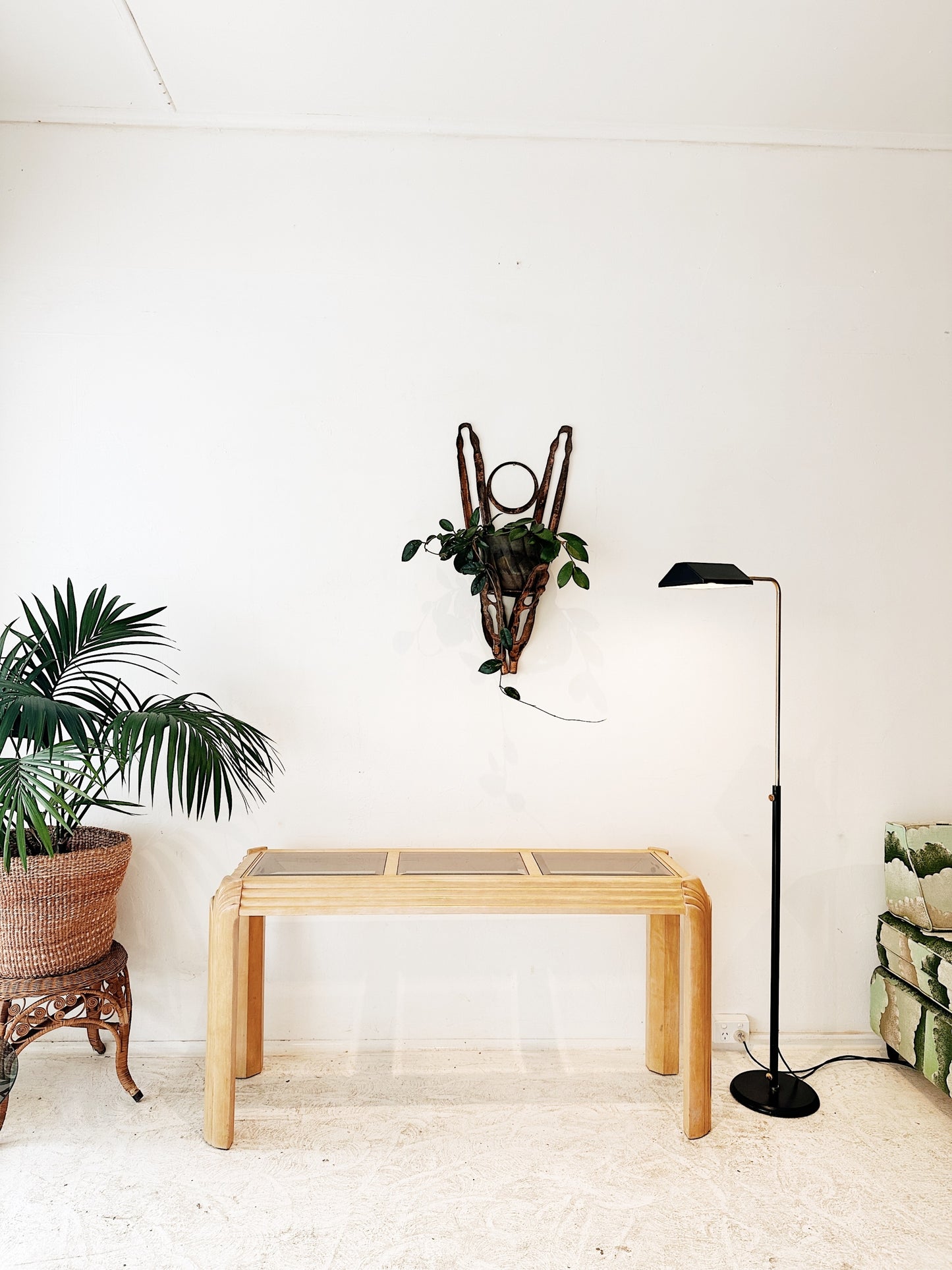 80s Vintage Oak Art Deco Revival Console Table