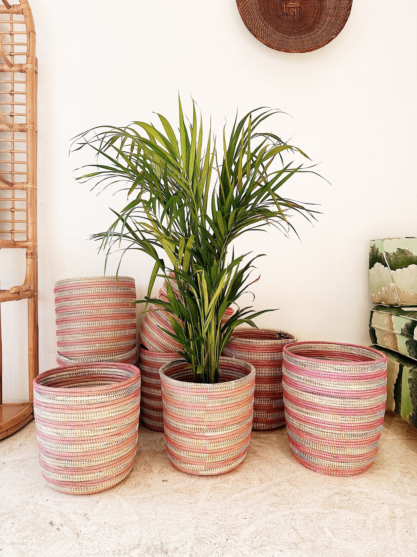 Senegal Woven Prayer Mat Basket / Rose Stripe Bath Bin