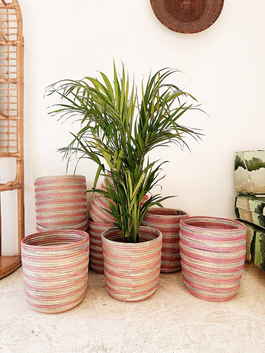 Senegal Woven Prayer Mat Basket / Rose Stripe Bath Bin