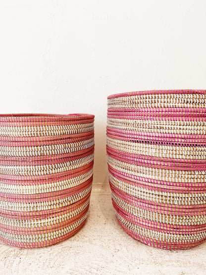 Senegal Woven Prayer Mat Basket / Rose Stripe Bath Bin