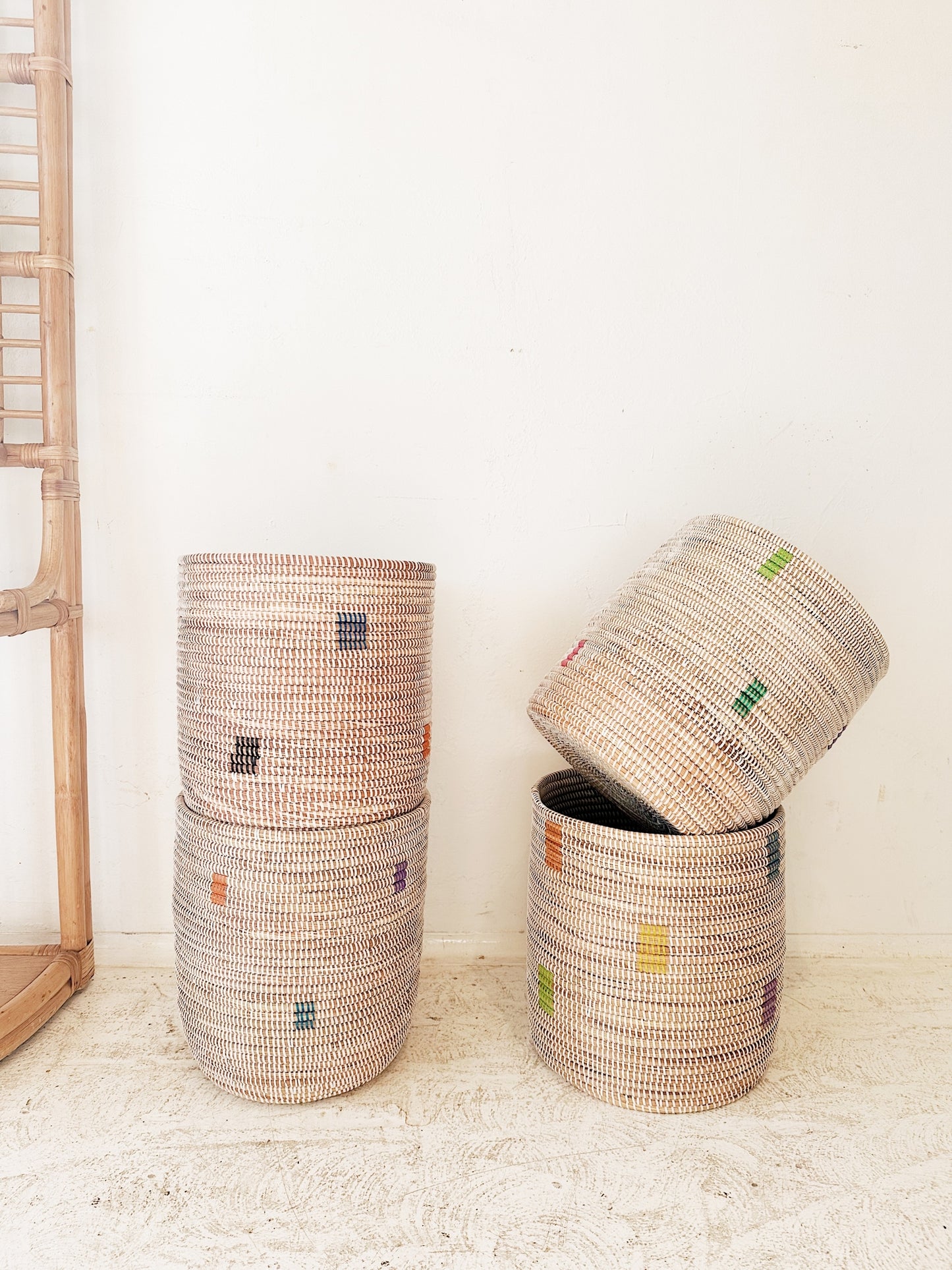 Senegal Woven Prayer Mat Basket / Rainbow Dot Bath Bin