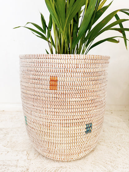 Senegal Woven Prayer Mat Basket / Rainbow Dot Bath Bin