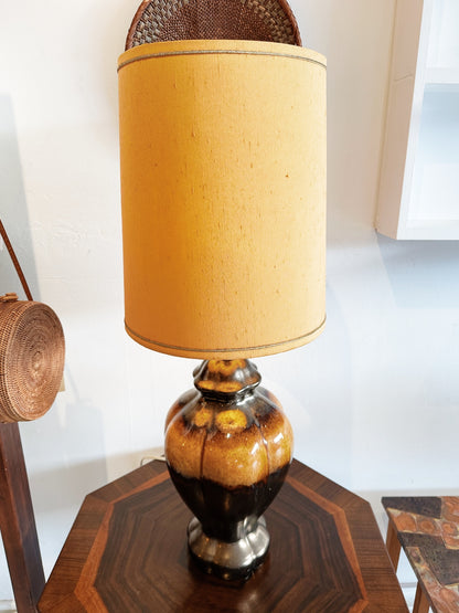 Vintage Coffee Oil Glaze Ceramic Lamp w Original Peach Shade
