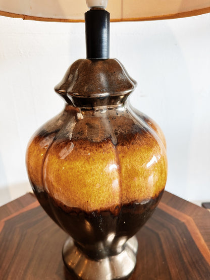 Vintage Coffee Oil Glaze Ceramic Lamp w Original Peach Shade