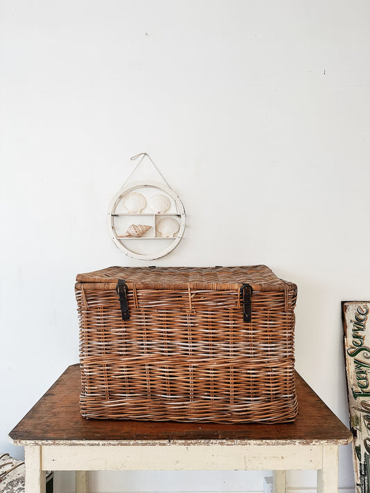 Vintage Industrial Mill Basket w/ Leather Straps