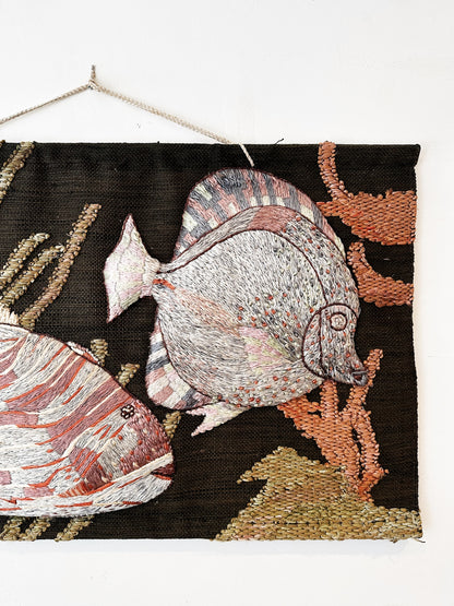 70s Vintage Meher Tropical Fishies Jute Wall Hanging