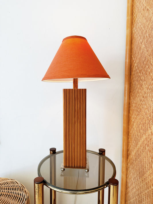 Vintage Wooden Ribbed Lamp w/ Tangerine Shade