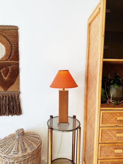 Vintage Wooden Ribbed Lamp w/ Tangerine Shade