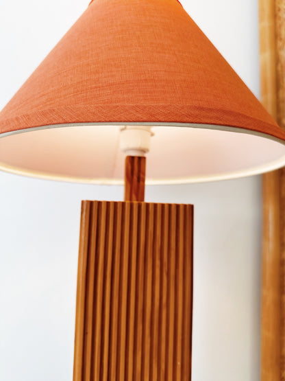 Vintage Wooden Ribbed Lamp w/ Tangerine Shade