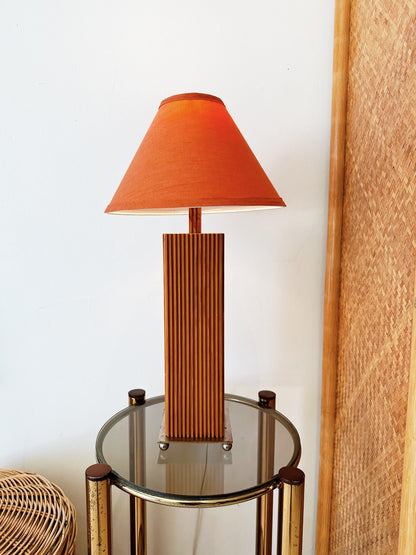 Vintage Wooden Ribbed Lamp w/ Tangerine Shade