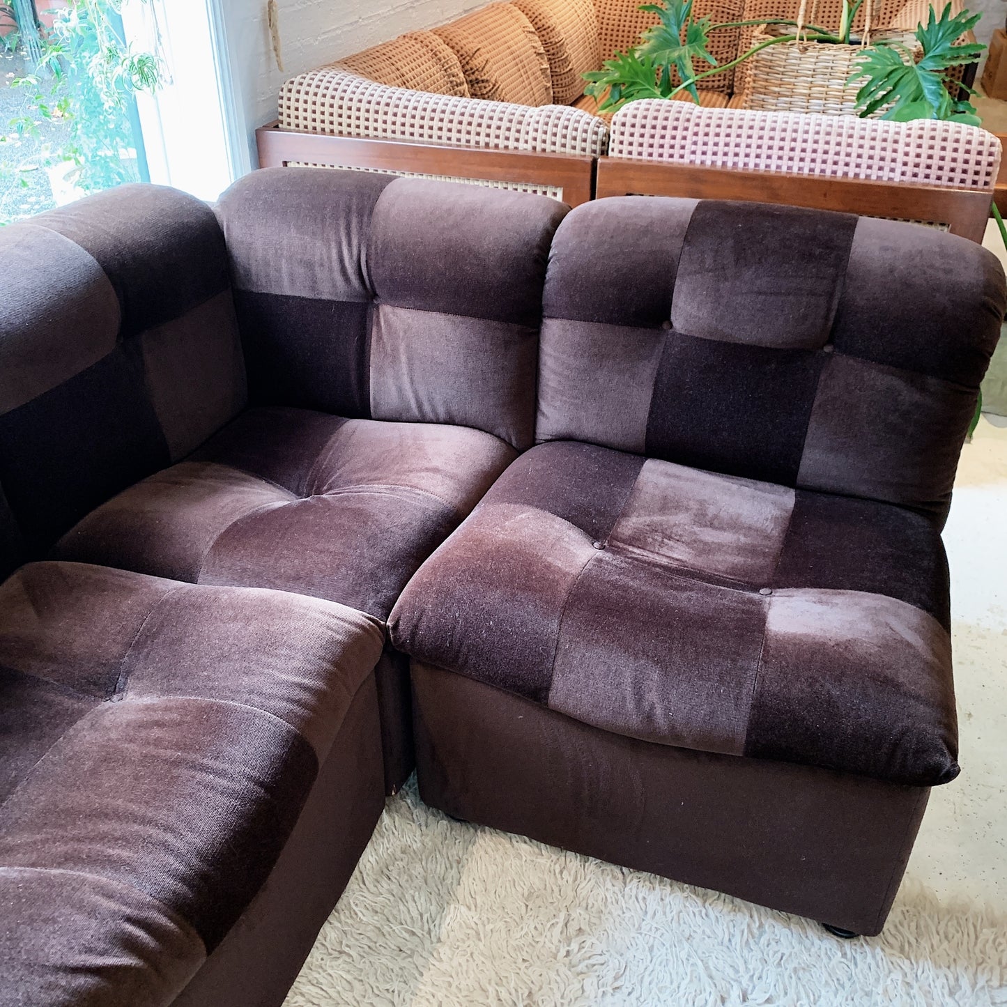 70s Chocolate Checkerboard Velvet Modular Lounge