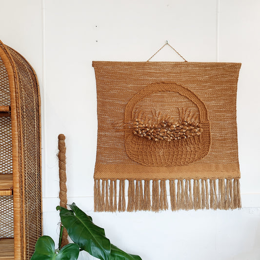 70s Vintage Meher "All The Wildflowers" Jute Wall Hanging