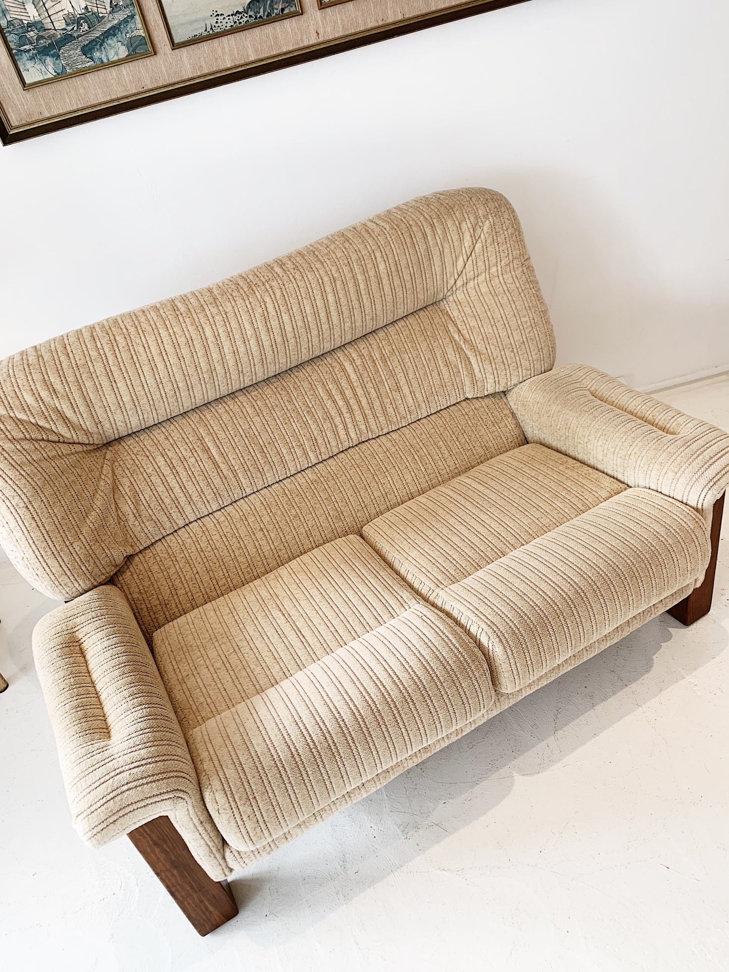 70s Miles Furniture Two Seater in "Snow Bird" Ribbed Velour