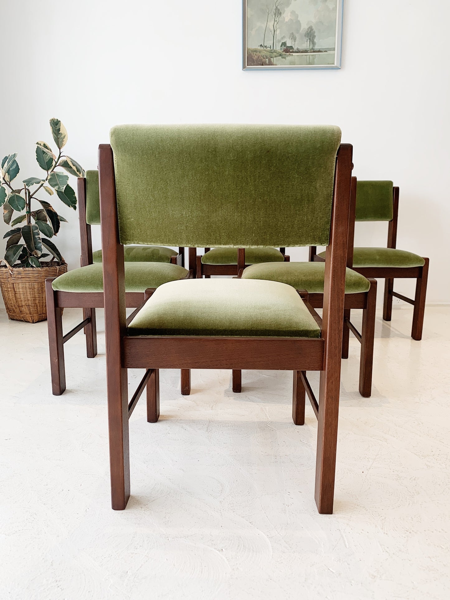 80s Vintage Velvet Moss Green Dining Chairs (set of 6)