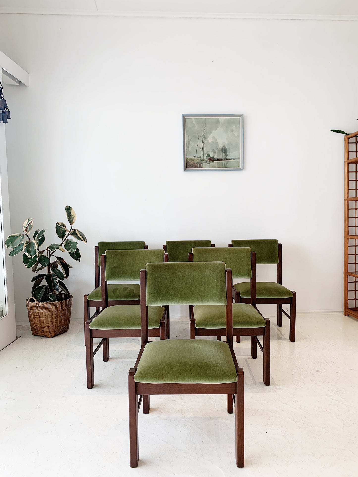 80s Vintage Velvet Moss Green Dining Chairs (set of 6)