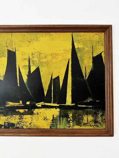 Mid Century Rutledge Sails At Sunset Teak Framed Litho Print