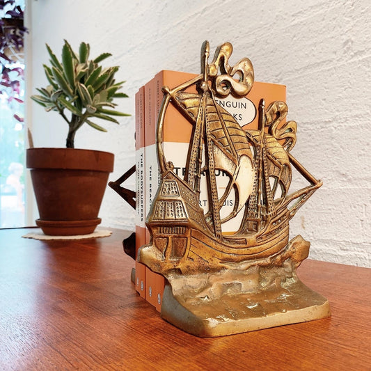 Solid Brass Mid Century Sailing Ships Bookend Treasures