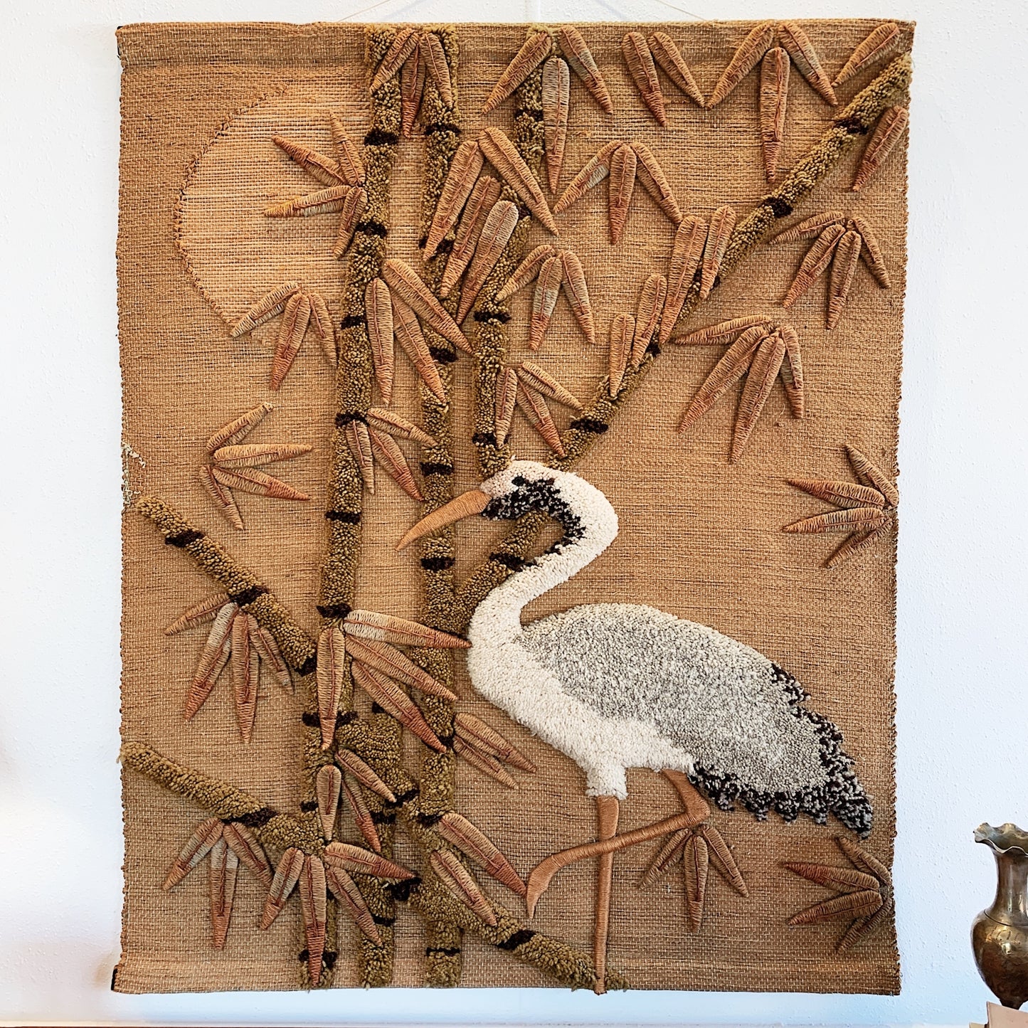 Bamboo Forest Crane Jute Wall Hanging