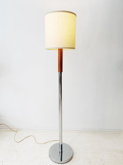 90s Beech and Chrome Console Lamp w/ Linen Drum Shade