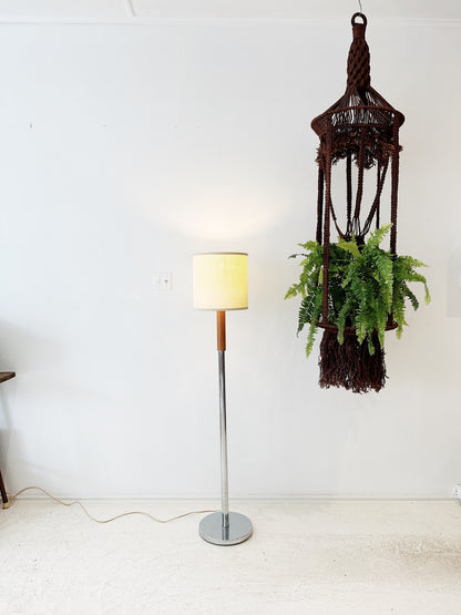 90s Beech and Chrome Console Lamp w/ Linen Drum Shade