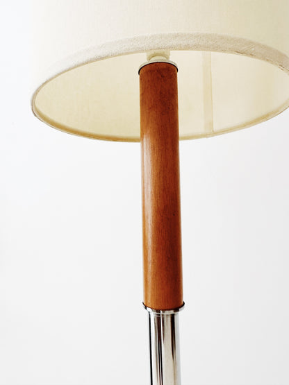 90s Beech and Chrome Console Lamp w/ Linen Drum Shade