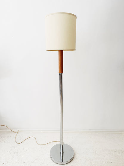 90s Beech and Chrome Console Lamp w/ Linen Drum Shade