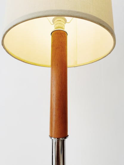 90s Beech and Chrome Console Lamp w/ Linen Drum Shade