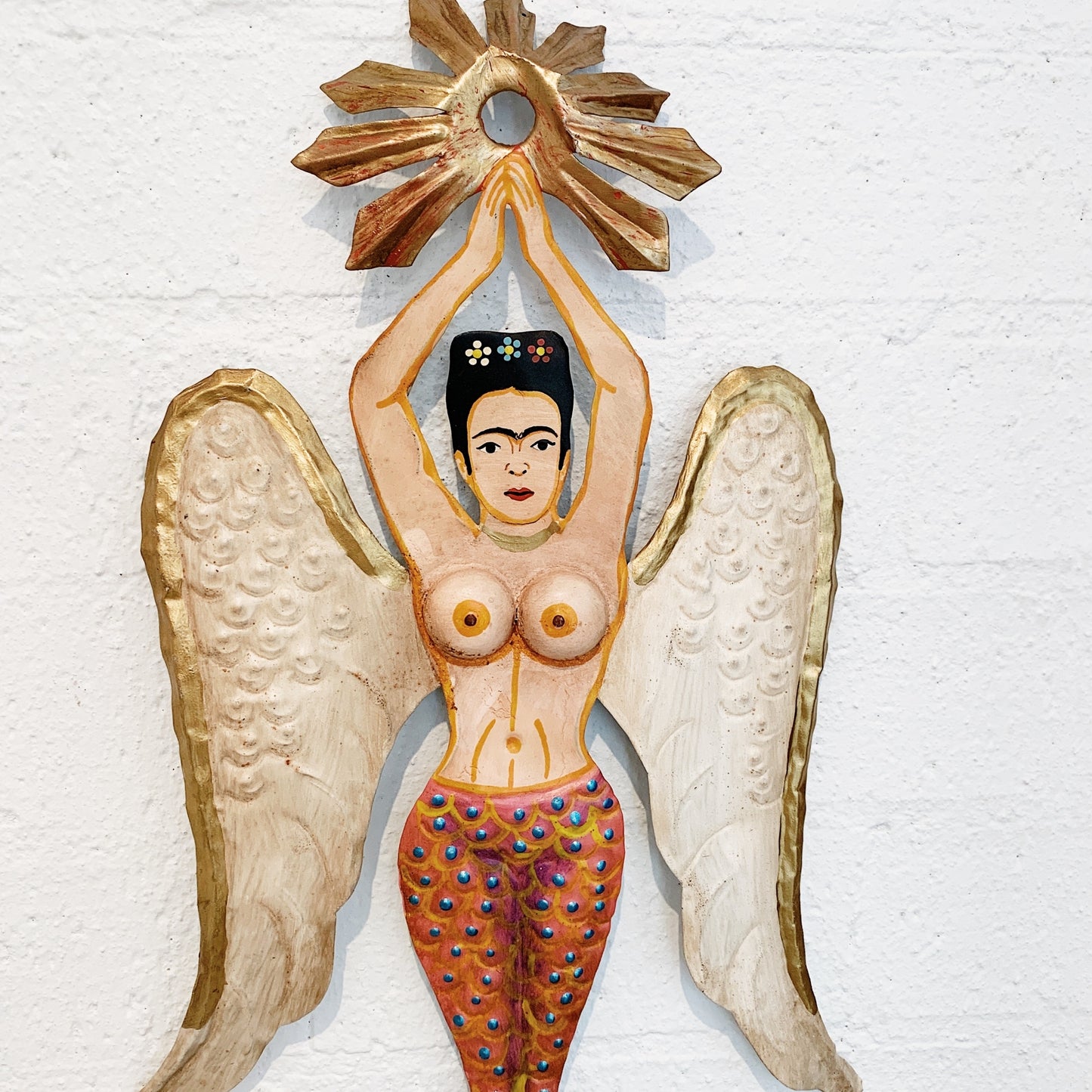 Folk Art Tin Mermaid Frida Kahlo, Made In Mexico