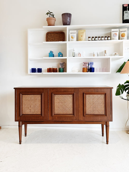 Mid Century Walnut & Rattan Sideboard