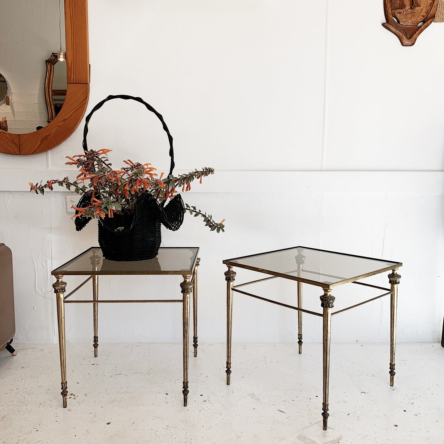 Ornate Italian Solid Brass & Smoke Glass Side Tables