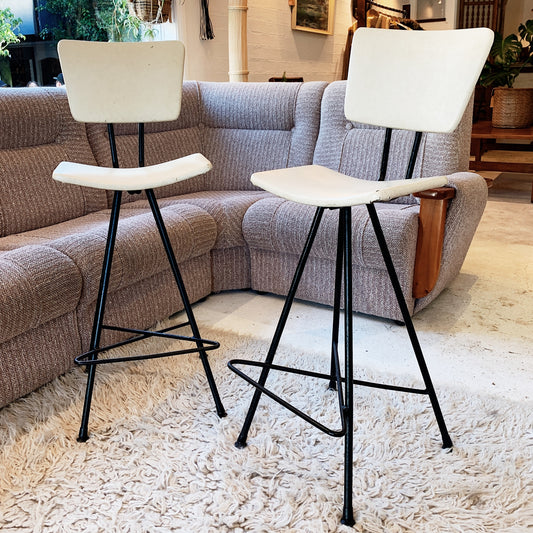 Pair of Atomic Bar Stools in Ivory Vinyl