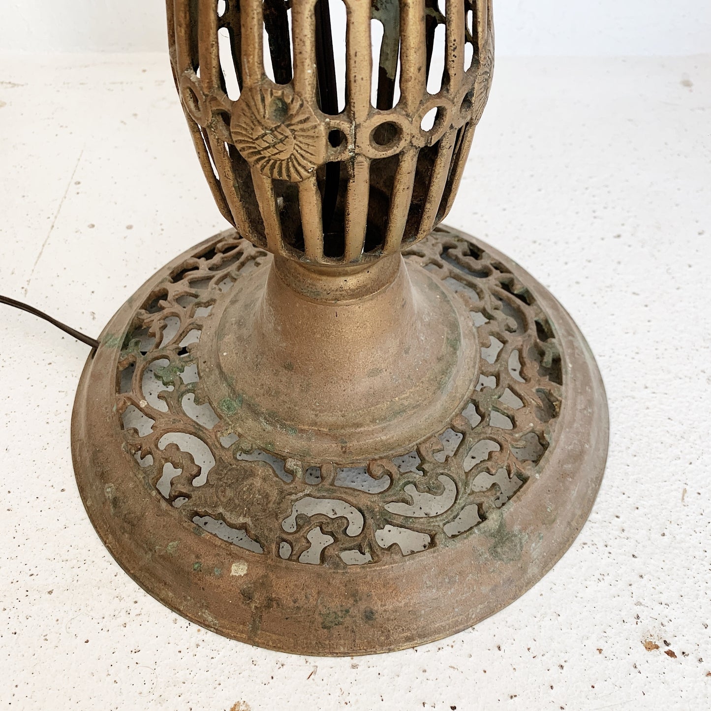 Pierced Brass Floor Lamp w/ Cream and Gold Drum Shade
