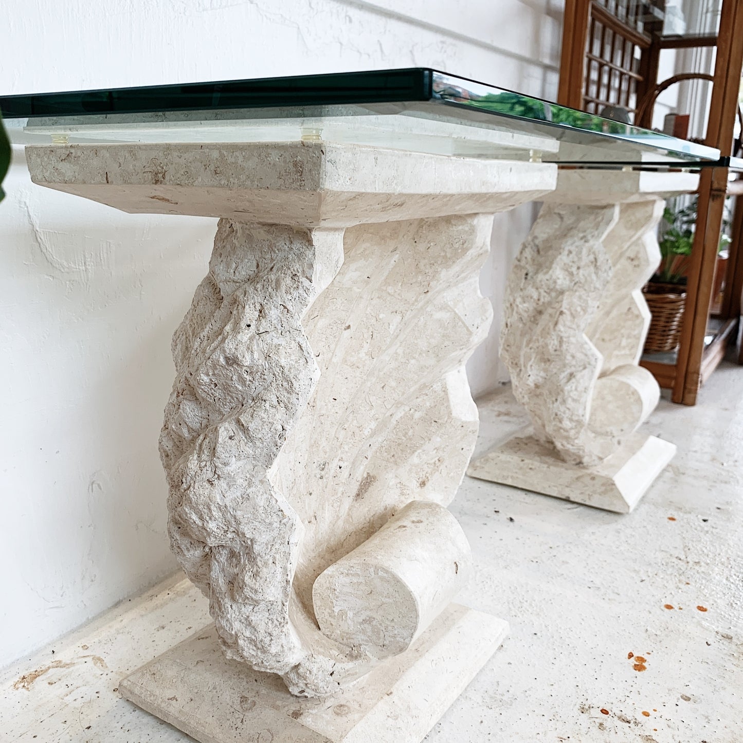Shell Sculpted Travertine Stone Side Table (2 available)