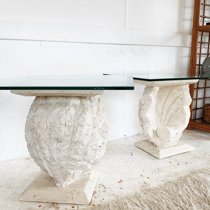 Shell Sculpted Travertine Stone Side Table (2 available)