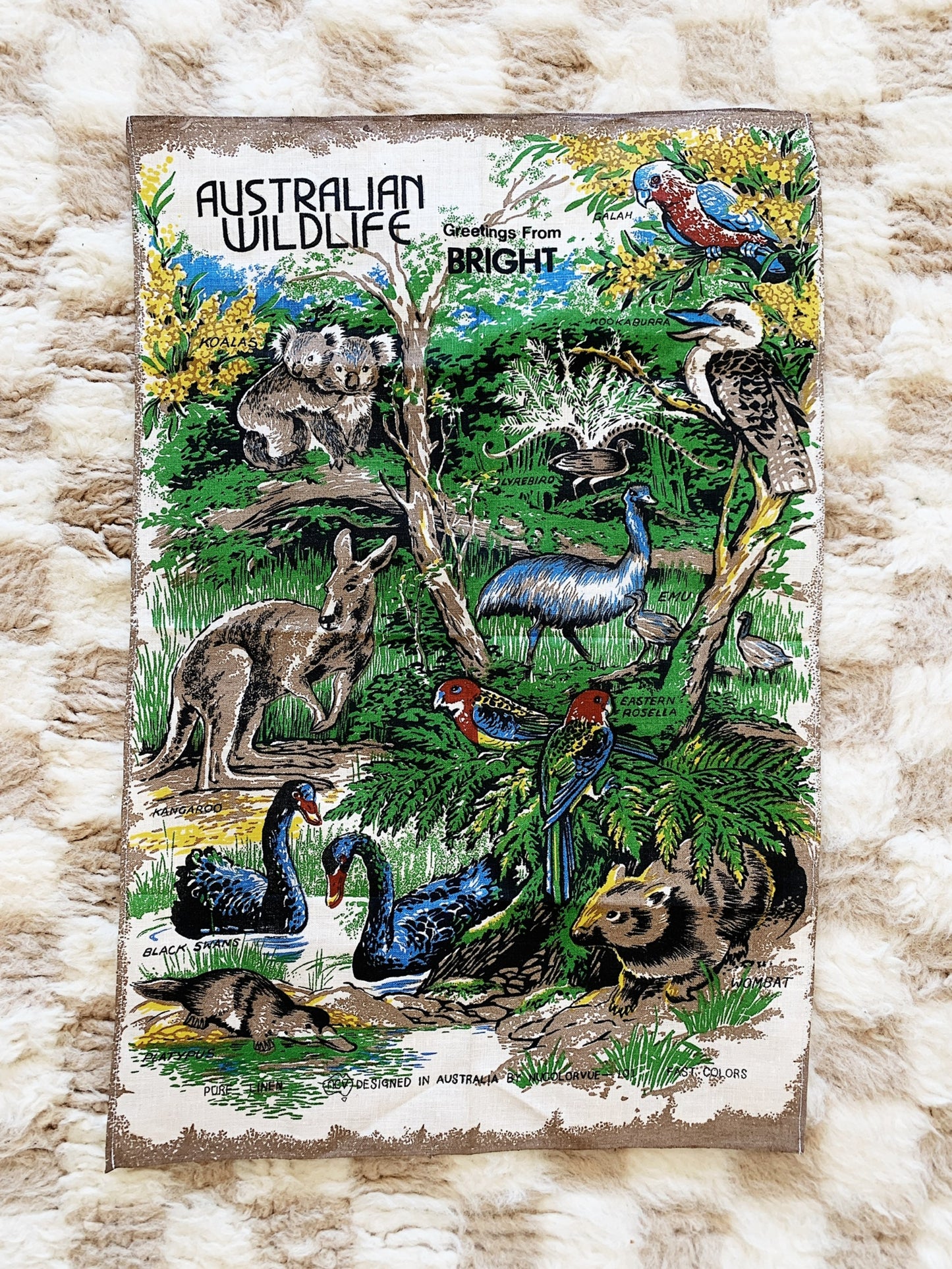 Hand Printed Australian Wildlife Bright Souvenir Tea Towel