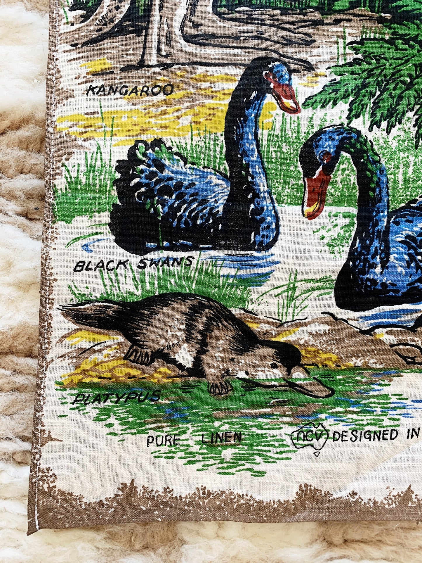 Hand Printed Australian Wildlife Bright Souvenir Tea Towel