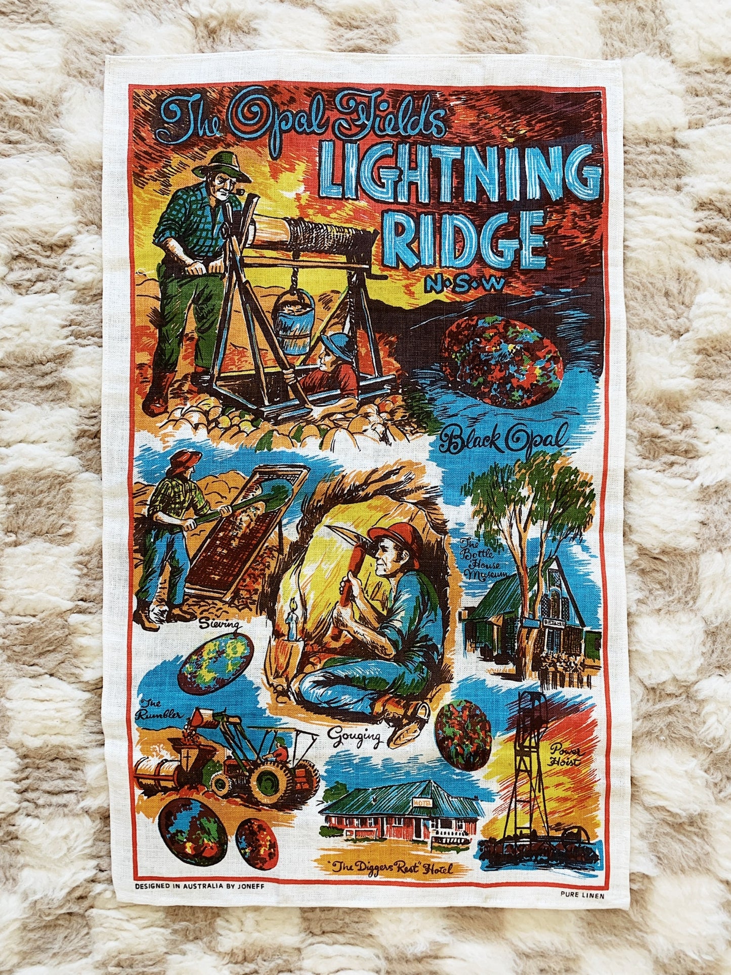 Hand Printed Opal Fields Lightning Ridge Souvenir Tea Towel