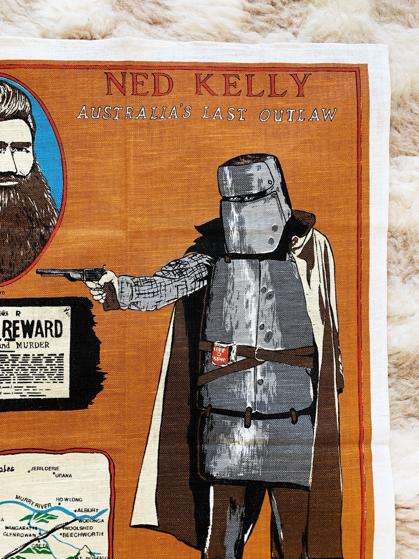 Hand Printed Ned Kelly Kelly Country Souvenir Tea Towel