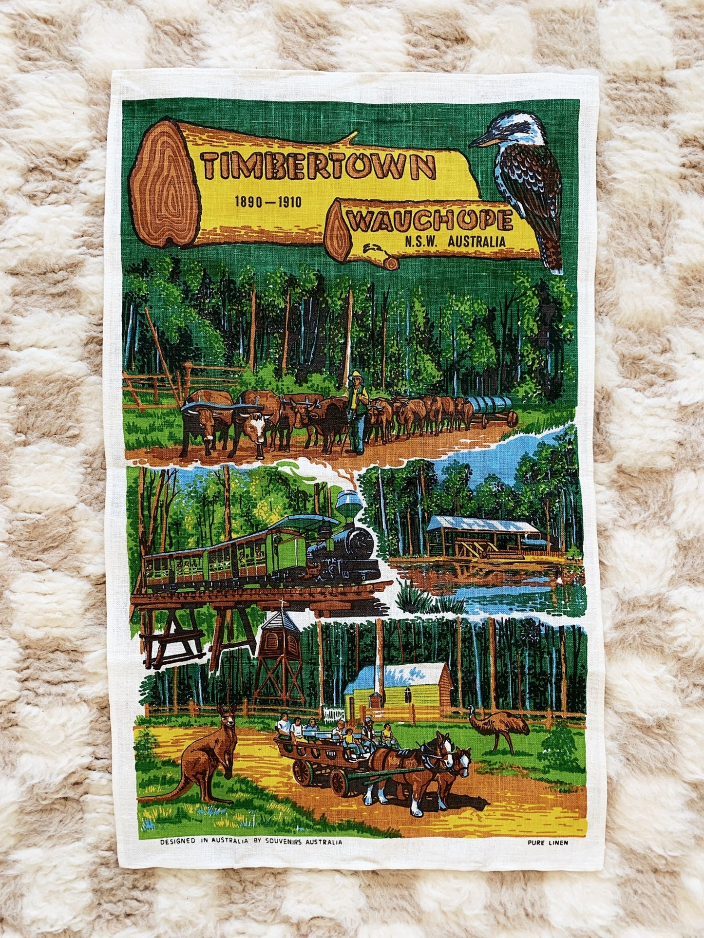 Hand Printed Timbertown Wauchope Souvenir Tea Towel