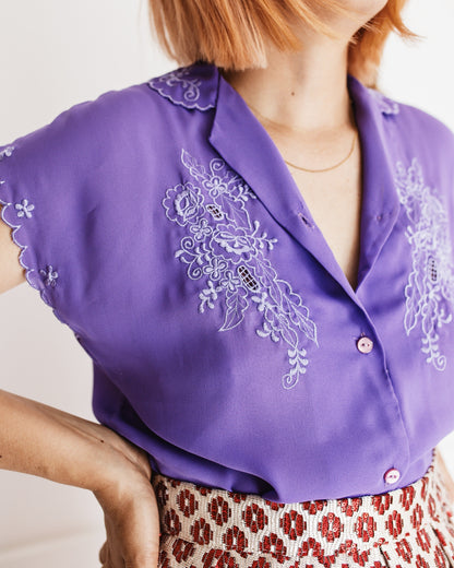 Vintage 80s Chiffon Embroidered Chinese Blouse