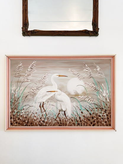 Vintage A. Maley "White Heron Moonlight Love" Painting